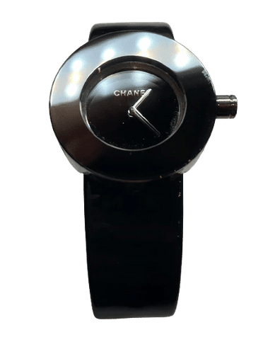 Montre Chanel La Ronde - Montre vintage en acier et cuir noir vernis 58 Facettes