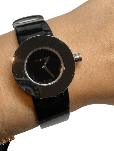 Montre Chanel La Ronde - Montre vintage en acier et cuir noir vernis 58 Facettes