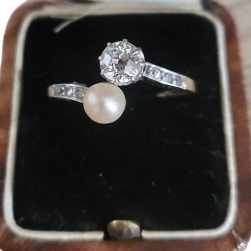 Bague 53 Belle Époque - Bague Toi et Moi en or blanc 18 ct, diamants et perle naturelle 58 Facettes