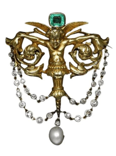 Broche Salt et Schlosberg - Broche Néo-Renaissance en or avec émeraude, diamants et perle 58 Facettes