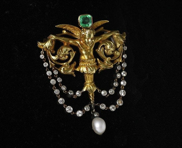 Broche Salt et Schlosberg - Broche Néo-Renaissance en or avec émeraude, diamants et perle 58 Facettes
