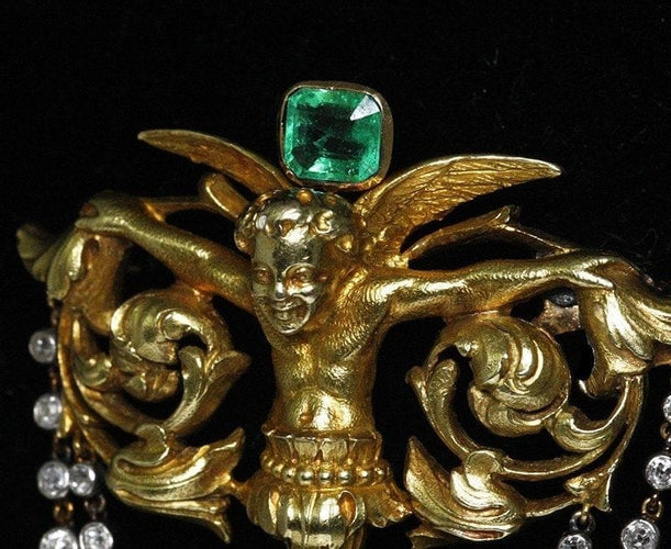 Broche Salt et Schlosberg - Broche Néo-Renaissance en or avec émeraude, diamants et perle 58 Facettes