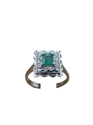 Bague 56 Bague vintage rectangulaire en or blanc 18 carats émeraude et diamants 58 Facettes