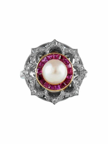 Bague 56 Bague Belle Époque en platine avec perle, rubis et diamants 58 Facettes 1383