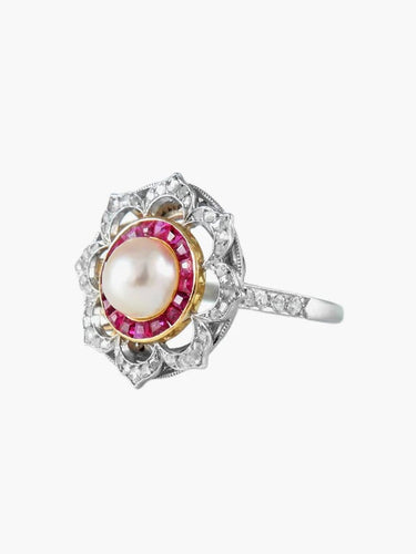 Bague 56 Bague Belle Époque en platine avec perle, rubis et diamants 58 Facettes 1383