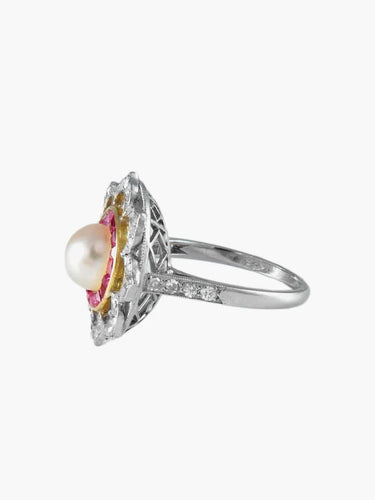 Bague 56 Bague Belle Époque en platine avec perle, rubis et diamants 58 Facettes 1383