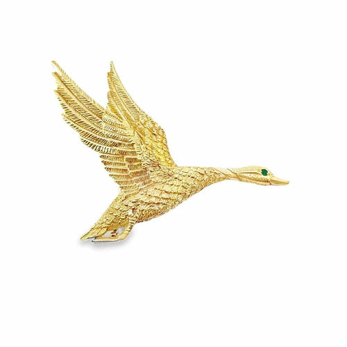 Broche Hermès - Broche Canard en vol en or jaune 18 carats et émeraude 58 Facettes