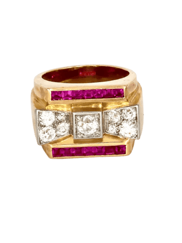 Bague 55 Bague tank en or jaune 18 kt avec rubis synthétiques et diamants 58 Facettes