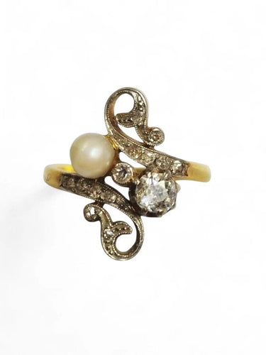 Bague 53 Art Nouveau - Bague perle et diamants taille ancienne en or jaune 18k 58 Facettes