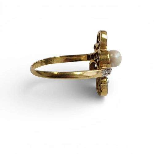 Bague 53 Art Nouveau - Bague perle et diamants taille ancienne en or jaune 18k 58 Facettes