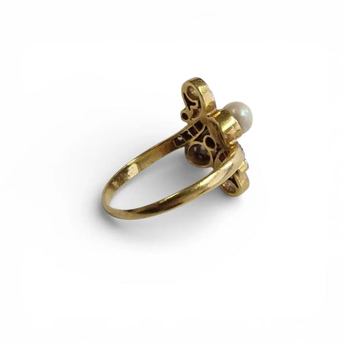 Bague 53 Art Nouveau - Bague perle et diamants taille ancienne en or jaune 18k 58 Facettes