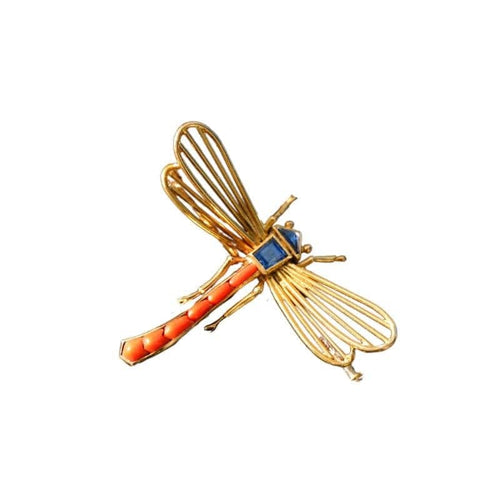 Broche Marchak Libellule - Broche en or jaune 18 carats, corail et corindons 58 Facettes
