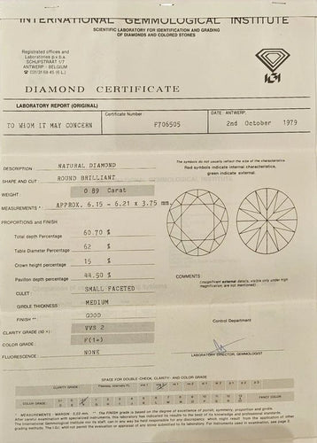 Gemstone Diamant non serti 0,89 ct - Rond taille brillant F VVS2 58 Facettes F706505	0.89