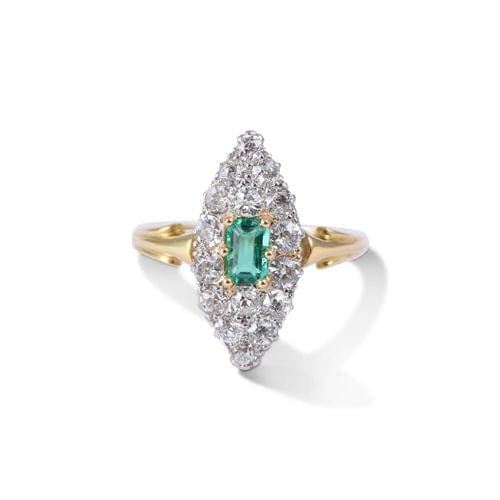 Bague 51 Bague marquise vintage en or jaune et platine, émeraude et diamants 58 Facettes H162