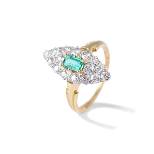Bague 51 Bague marquise vintage en or jaune et platine, émeraude et diamants 58 Facettes H162
