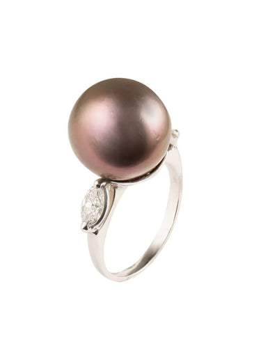 Bague 49 Bague en or blanc 750 avec perle grise et diamants 58 Facettes