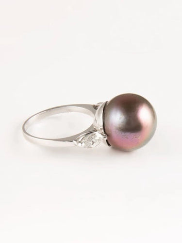 Bague 49 Bague en or blanc 750 avec perle grise et diamants 58 Facettes