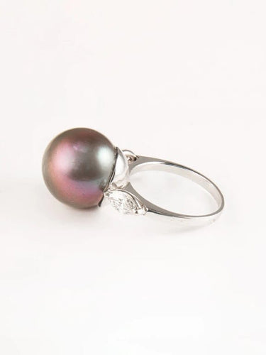 Bague 49 Bague en or blanc 750 avec perle grise et diamants 58 Facettes