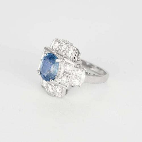 Bague 55 Bague Art déco en or blanc 18K avec saphir de Ceylan et diamants 58 Facettes
