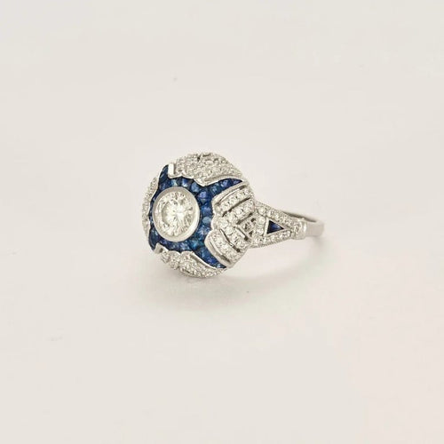 Bague 53 Bague style Art déco en or blanc 18 carats, diamant et saphirs 58 Facettes