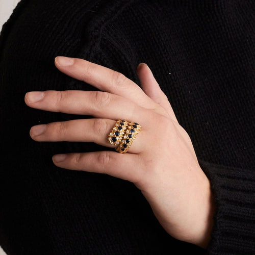 Bague 51 Lalaounis - Bague deux anneaux en or jaune 750, saphirs et diamants 58 Facettes