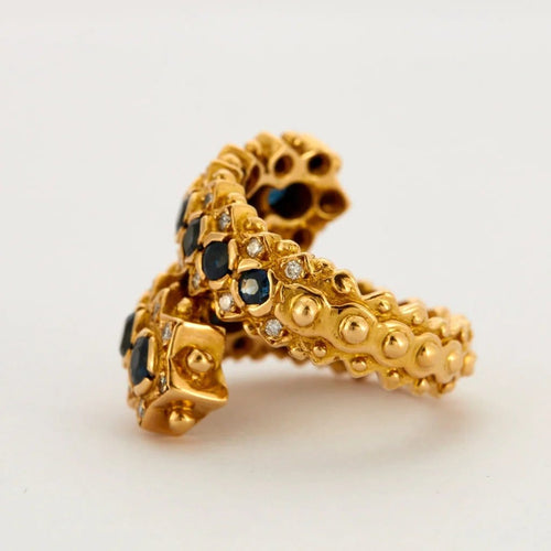 Bague 51 Lalaounis - Bague deux anneaux en or jaune 750, saphirs et diamants 58 Facettes