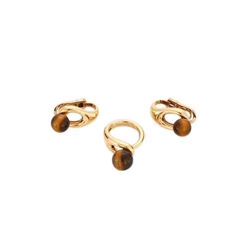 Bague 45 Boucheron - Parure bague et boucles d’oreilles en or jaune 18K et œil de tigre 58 Facettes