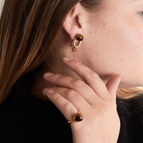 Bague 45 Boucheron - Parure bague et boucles d’oreilles en or jaune 18K et œil de tigre 58 Facettes