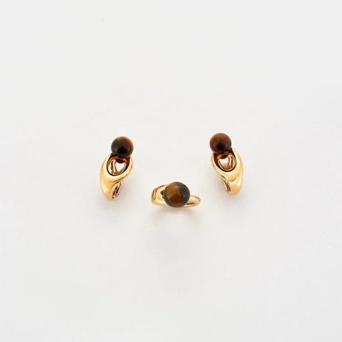 Bague 45 Boucheron - Parure bague et boucles d’oreilles en or jaune 18K et œil de tigre 58 Facettes