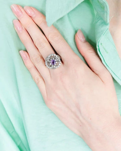 Bague 55 Flora - Bague florale en or blanc 750, saphir rose et diamants 58 Facettes