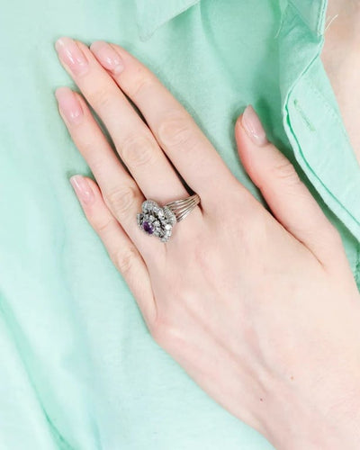 Bague 55 Flora - Bague florale en or blanc 750, saphir rose et diamants 58 Facettes
