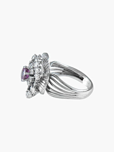 Bague 55 Flora - Bague florale en or blanc 750, saphir rose et diamants 58 Facettes