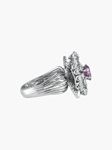 Bague 55 Flora - Bague florale en or blanc 750, saphir rose et diamants 58 Facettes