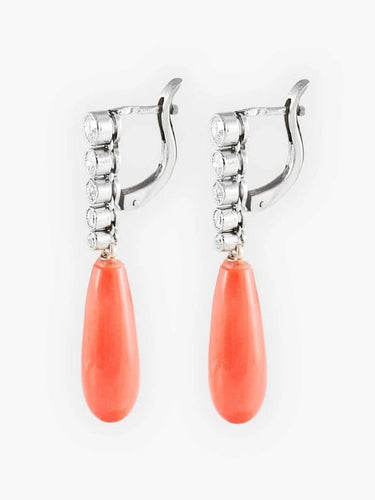 Boucles d'oreilles Dormeuses en or blanc 18K, corail et diamants 58 Facettes 784982