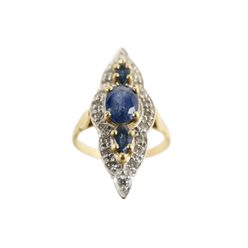 Bague 54 Bague marquise en or jaune et or blanc 18 carats, saphirs et diamants 58 Facettes