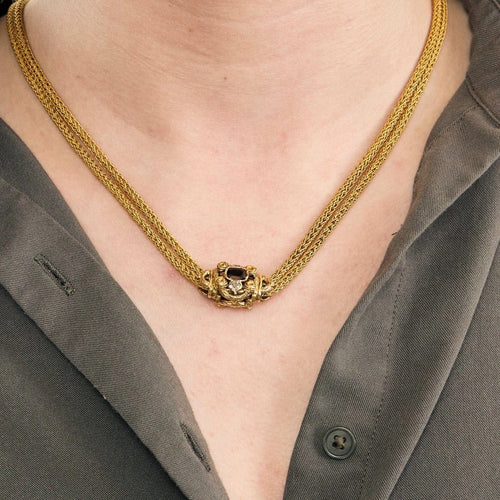 Collier Chaîne giletière - Double chaîne en or jaune 18K, diamants et grenats 58 Facettes LF22