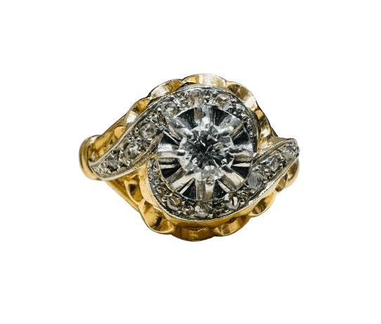 Bague 50 Bague ancienne sertie de diamants en or jaune 18K et platine 58 Facettes 4180