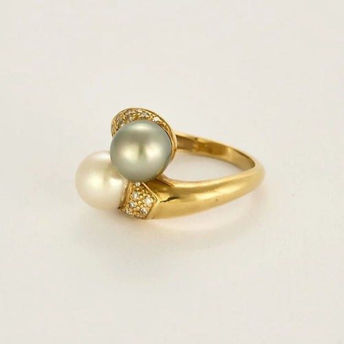 Bague 53 Bague toi et moi en or jaune 18 carats, perles et diamants 58 Facettes 237