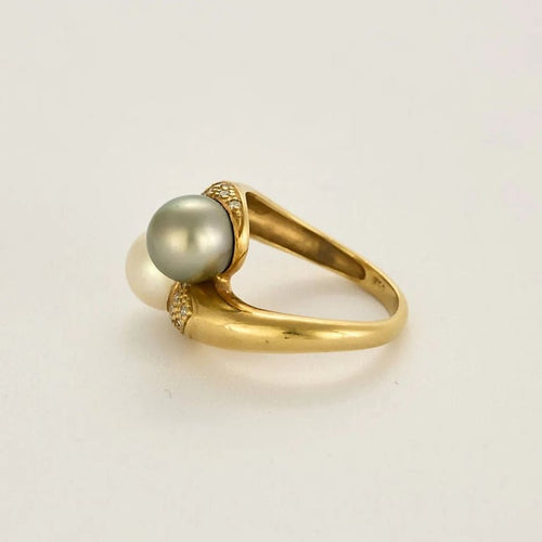 Bague 53 Bague toi et moi en or jaune 18 carats, perles et diamants 58 Facettes 237