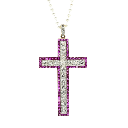 Pendentif Croix en or jaune 18 kt sertie de diamants et rubis 58 Facettes 36601015