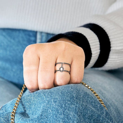 Bague 51 Messika Glam'Azone - Bague 2 rangs en or blanc 18 carats et diamants noirs 58 Facettes