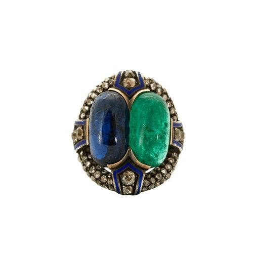 Bague 53 Bague en or jaune 18 K et argent avec saphir, émeraude et diamants 58 Facettes