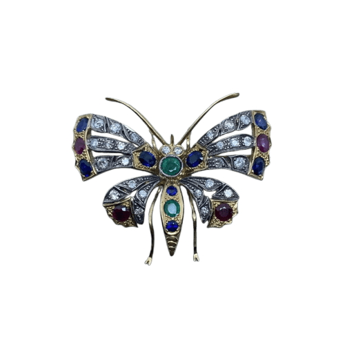 Broche Broche en or jaune 14 ct, argent, diamants et pierres de couleur 58 Facettes