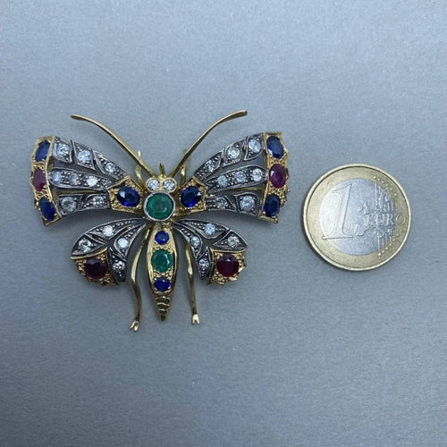 Broche Broche en or jaune 14 ct, argent, diamants et pierres de couleur 58 Facettes