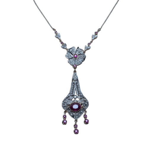 Collier Collier en or jaune 14 carats, argent, diamants et rubis 58 Facettes