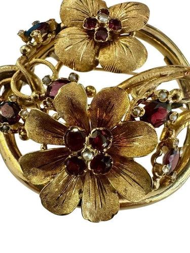 Broche Broche Napoléon III en or jaune 18 carats, grenats et perles fines 58 Facettes