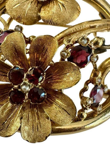 Broche Broche Napoléon III en or jaune 18 carats, grenats et perles fines 58 Facettes