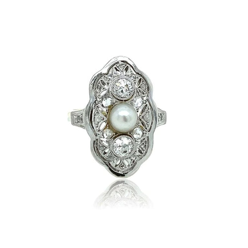 Bague 52 Bague Art déco en or jaune 14k, platine, diamants et perle 58 Facettes