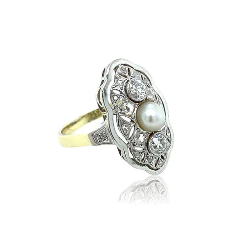 Bague 52 Bague Art déco en or jaune 14k, platine, diamants et perle 58 Facettes