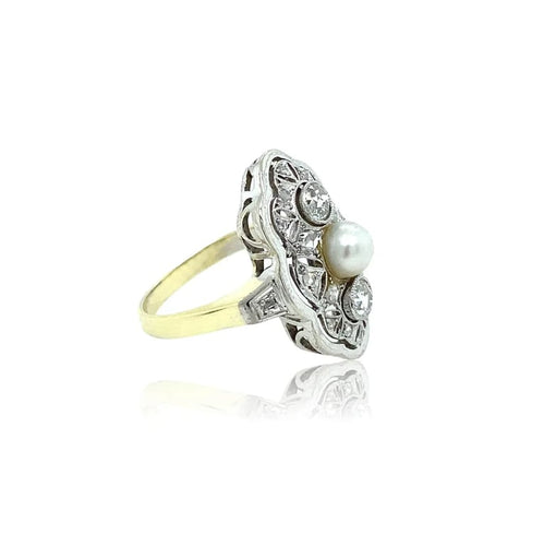 Bague 52 Bague Art déco en or jaune 14k, platine, diamants et perle 58 Facettes